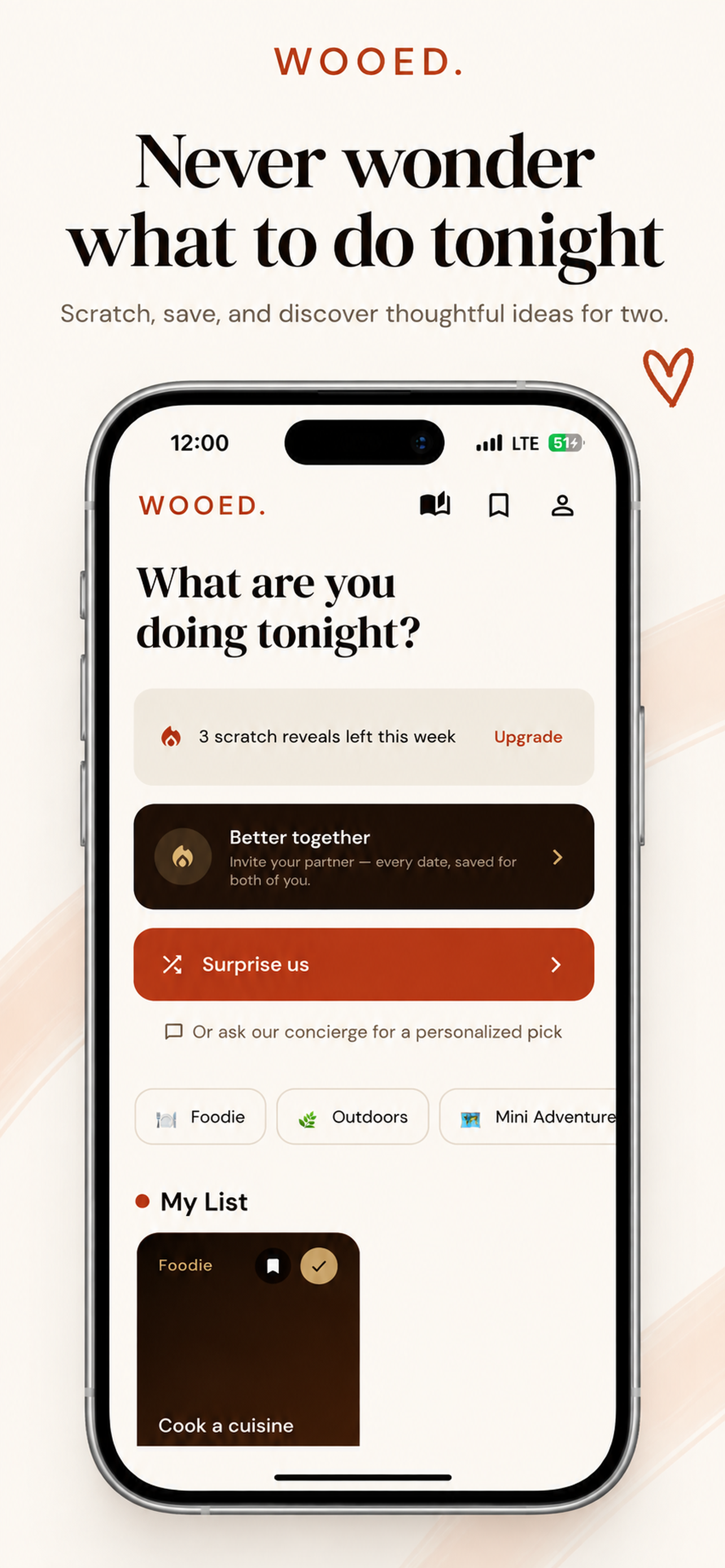 Wooed home screen showing tonight's date idea categories, a weekly streak, and My List